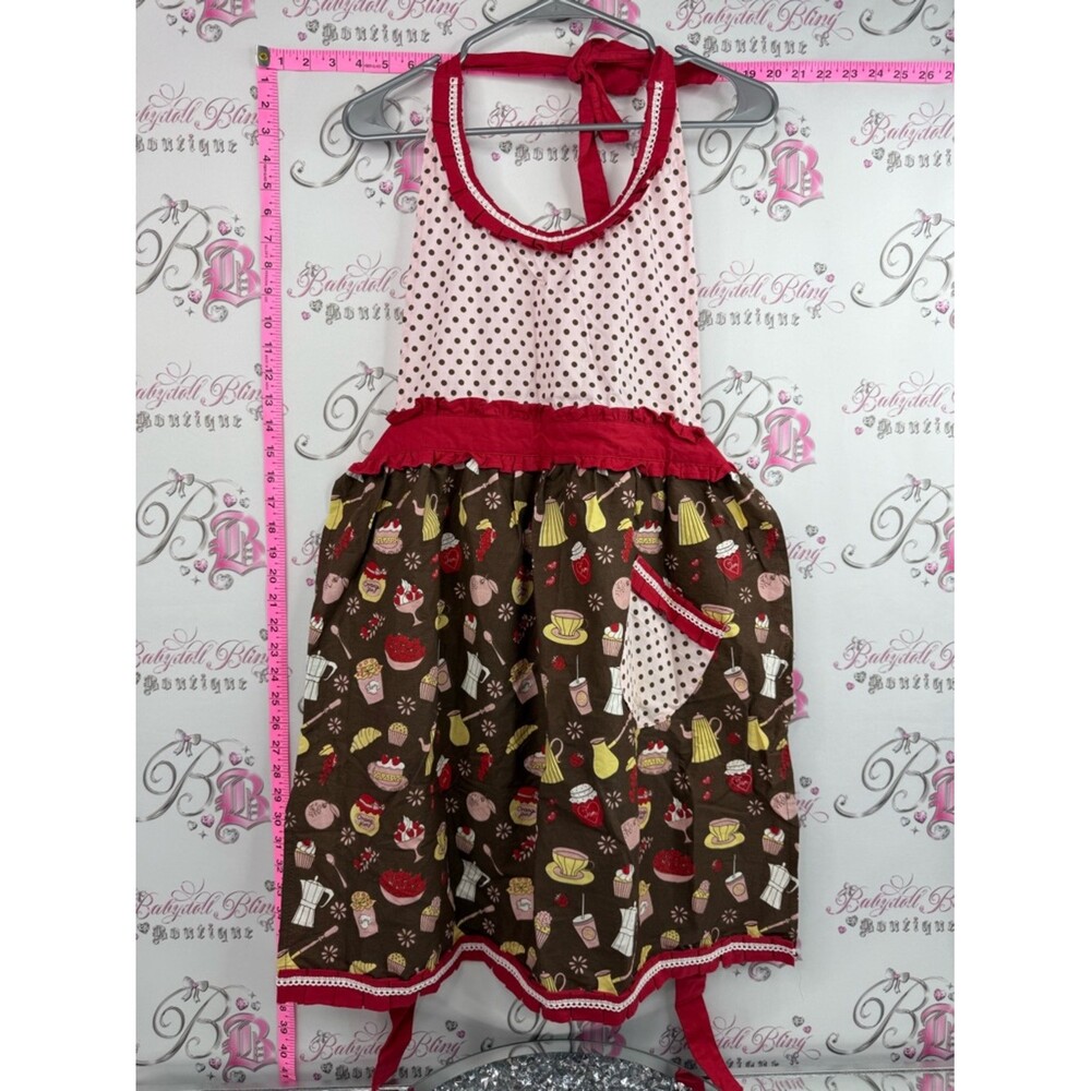 Apron Halter Midi apron Dress food baking Print Brown & Pink Polka with pocket